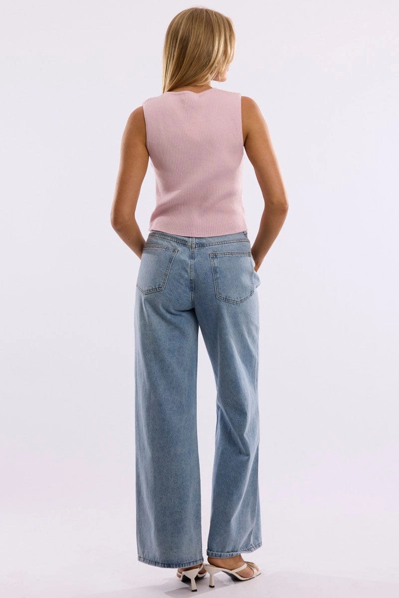 Denim Wide Leg Jeans Mid Rise