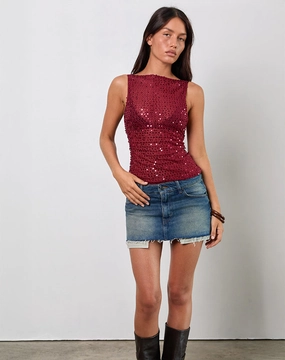 Dudley Vest Top in Sequin Knit Burgundy