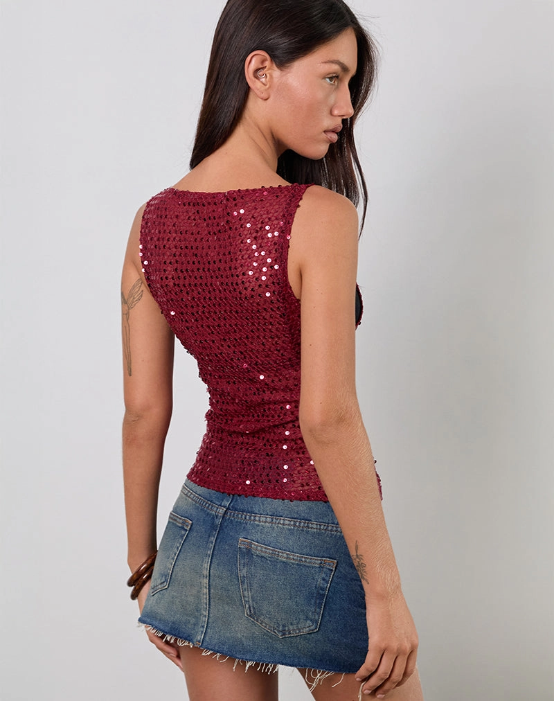 Dudley Vest Top in Sequin Knit Burgundy