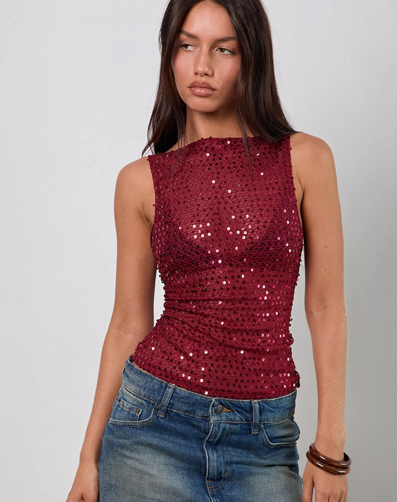 Dudley Vest Top in Sequin Knit Burgundy