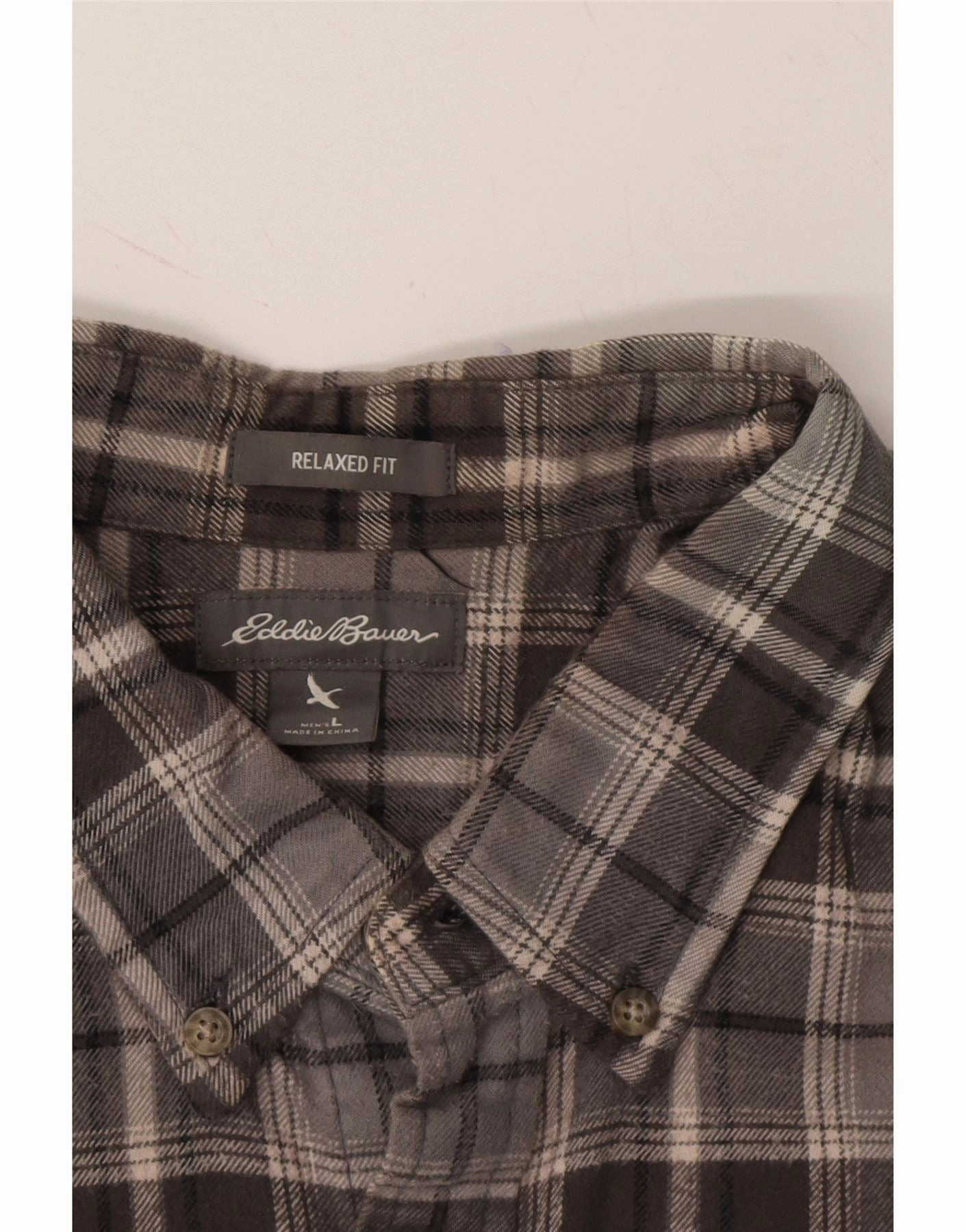 EDDIE BAUER Mens Relaxed Fit Flannel Shirt Large Grey Check Cotton