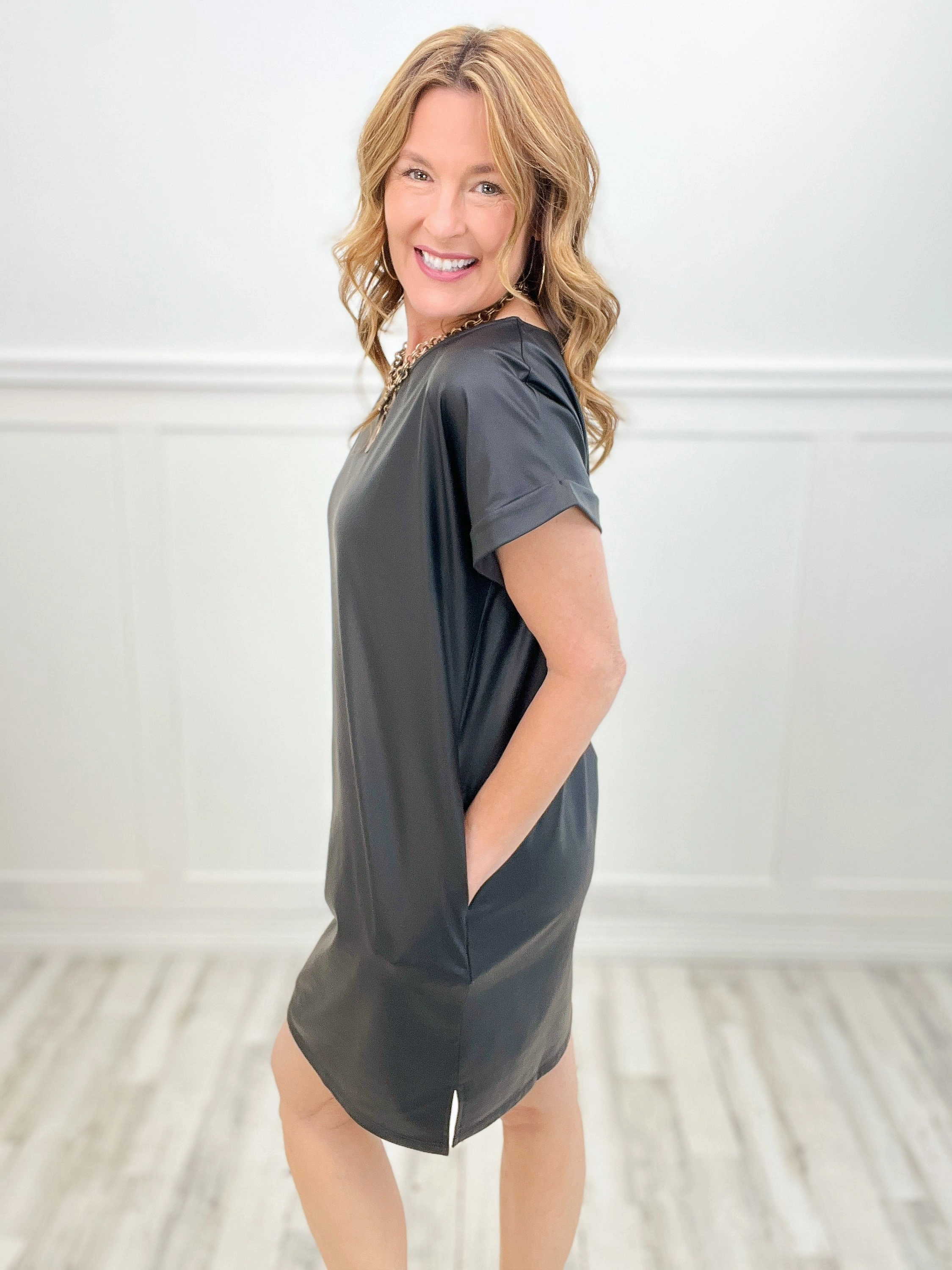 Faux Leather Short Sleeve Pocket Mini Dress