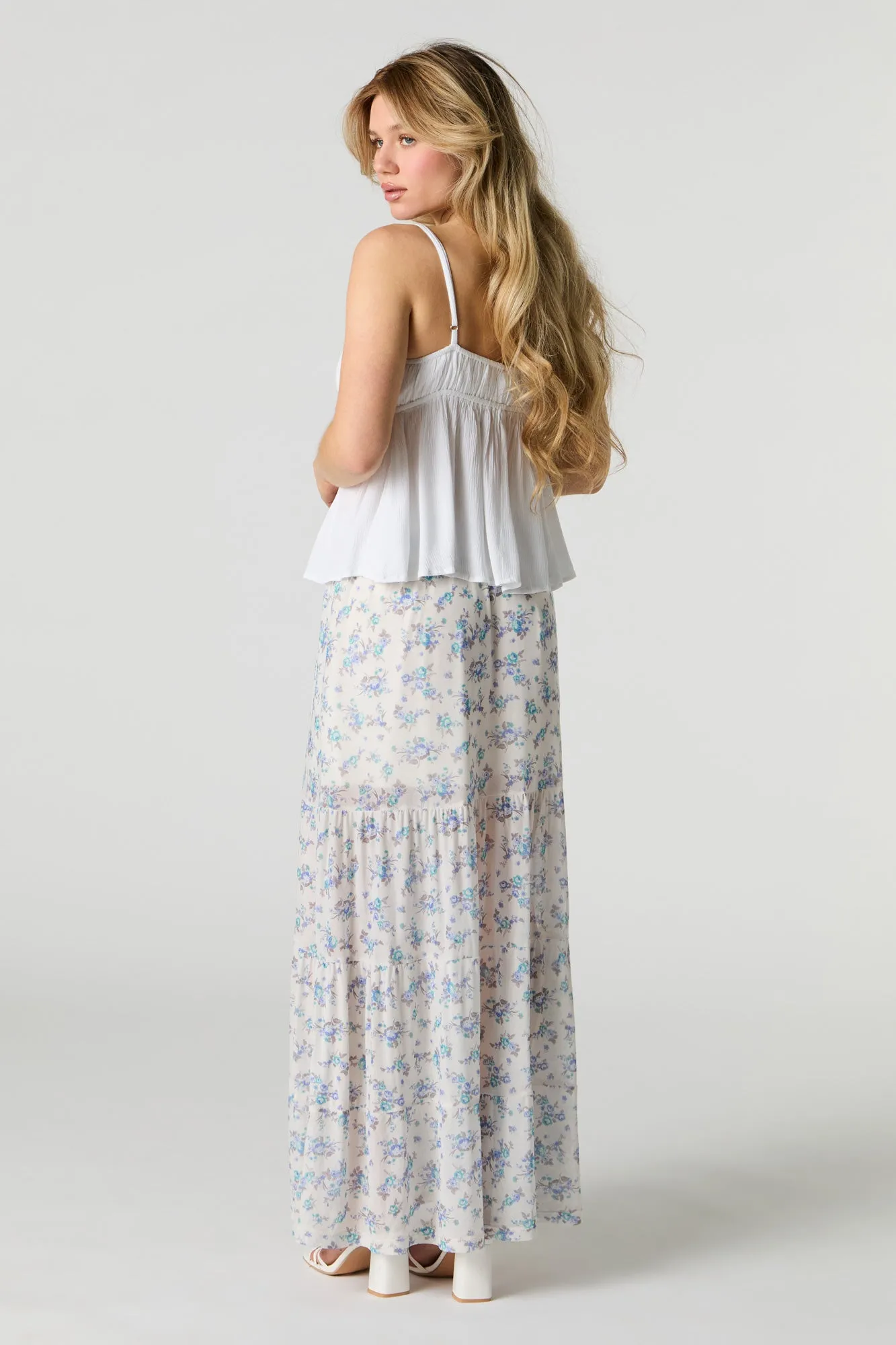 Floral Mesh Tiered Maxi Skirt