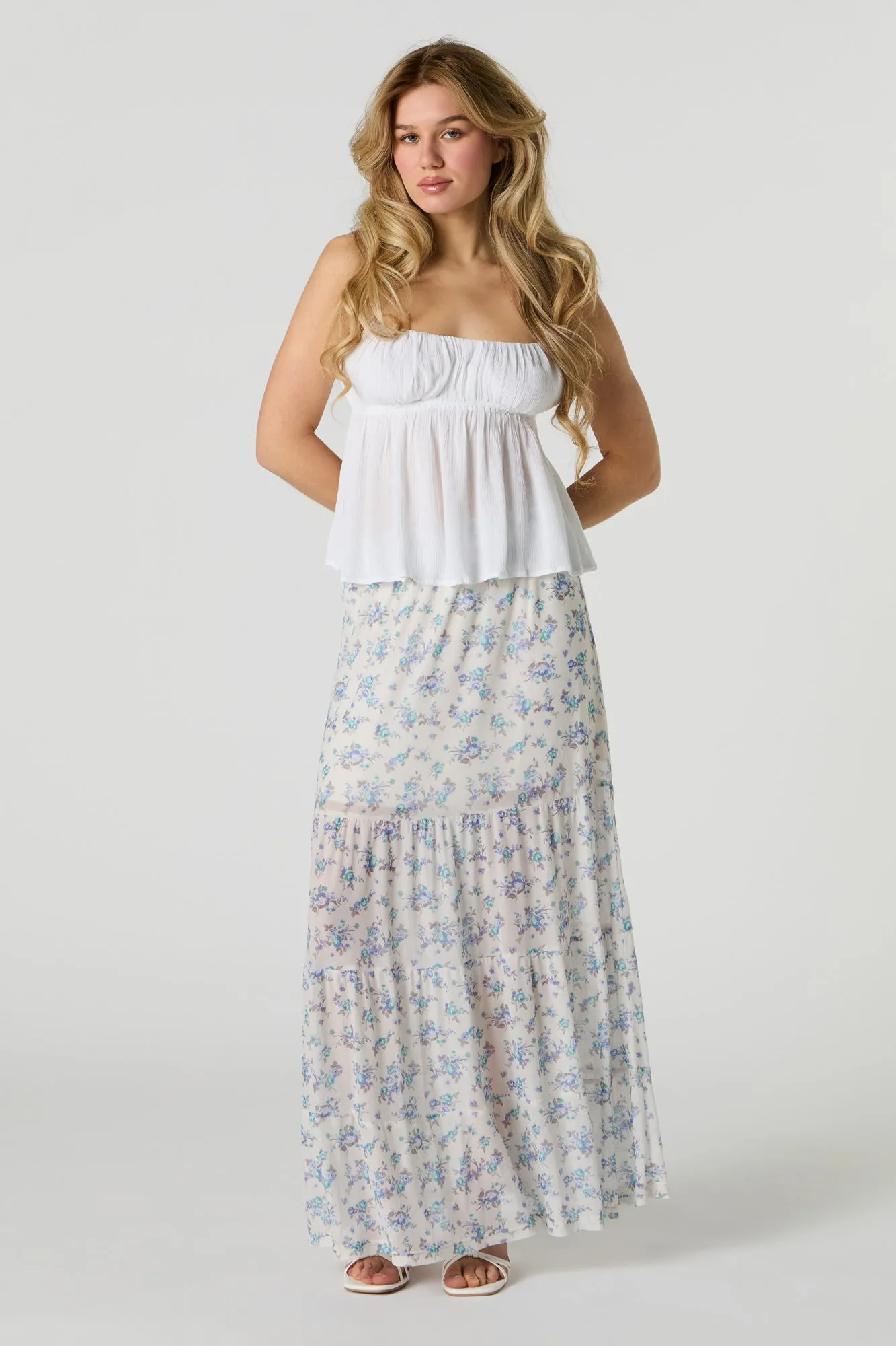 Floral Mesh Tiered Maxi Skirt