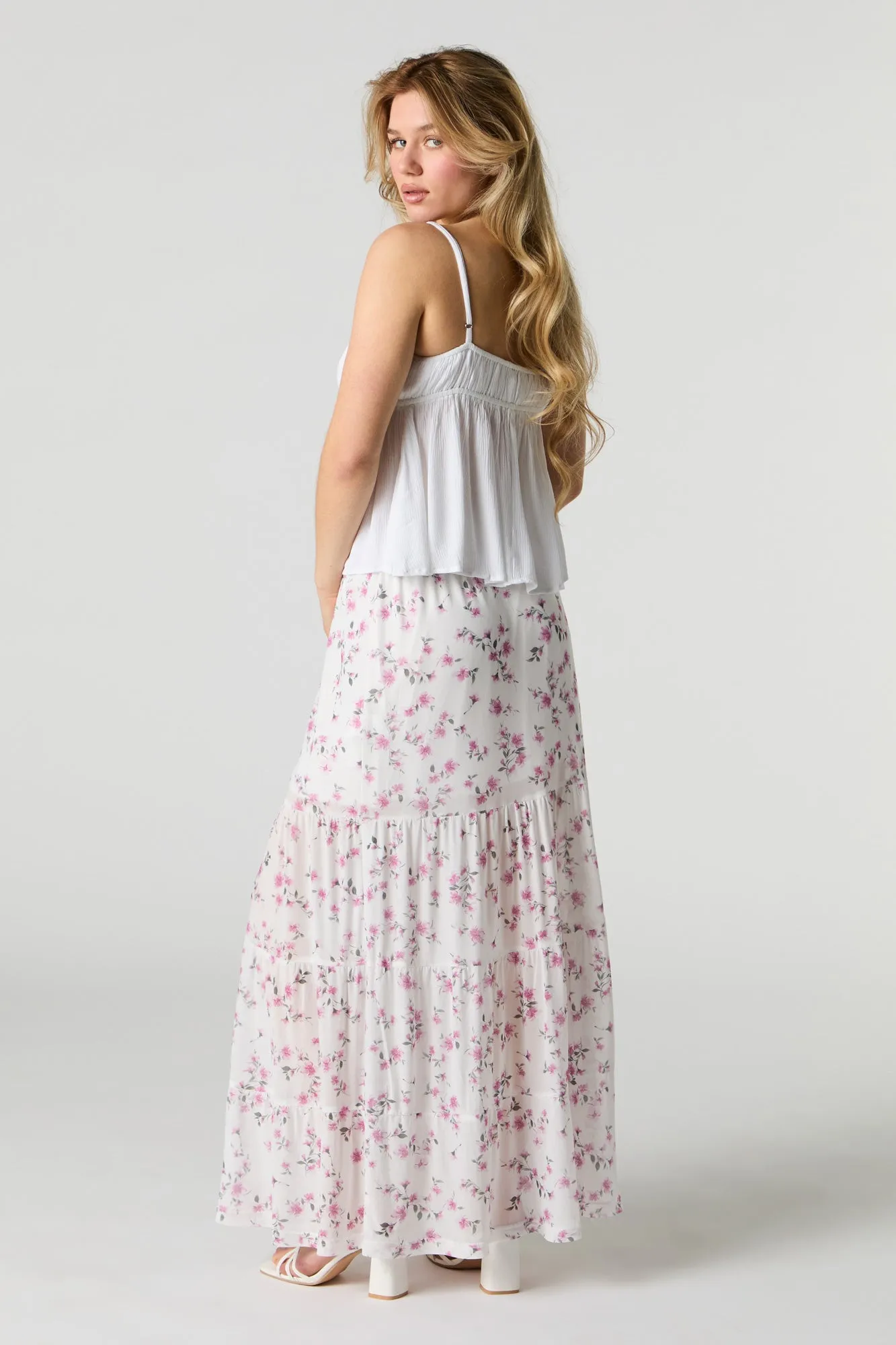 Floral Mesh Tiered Maxi Skirt