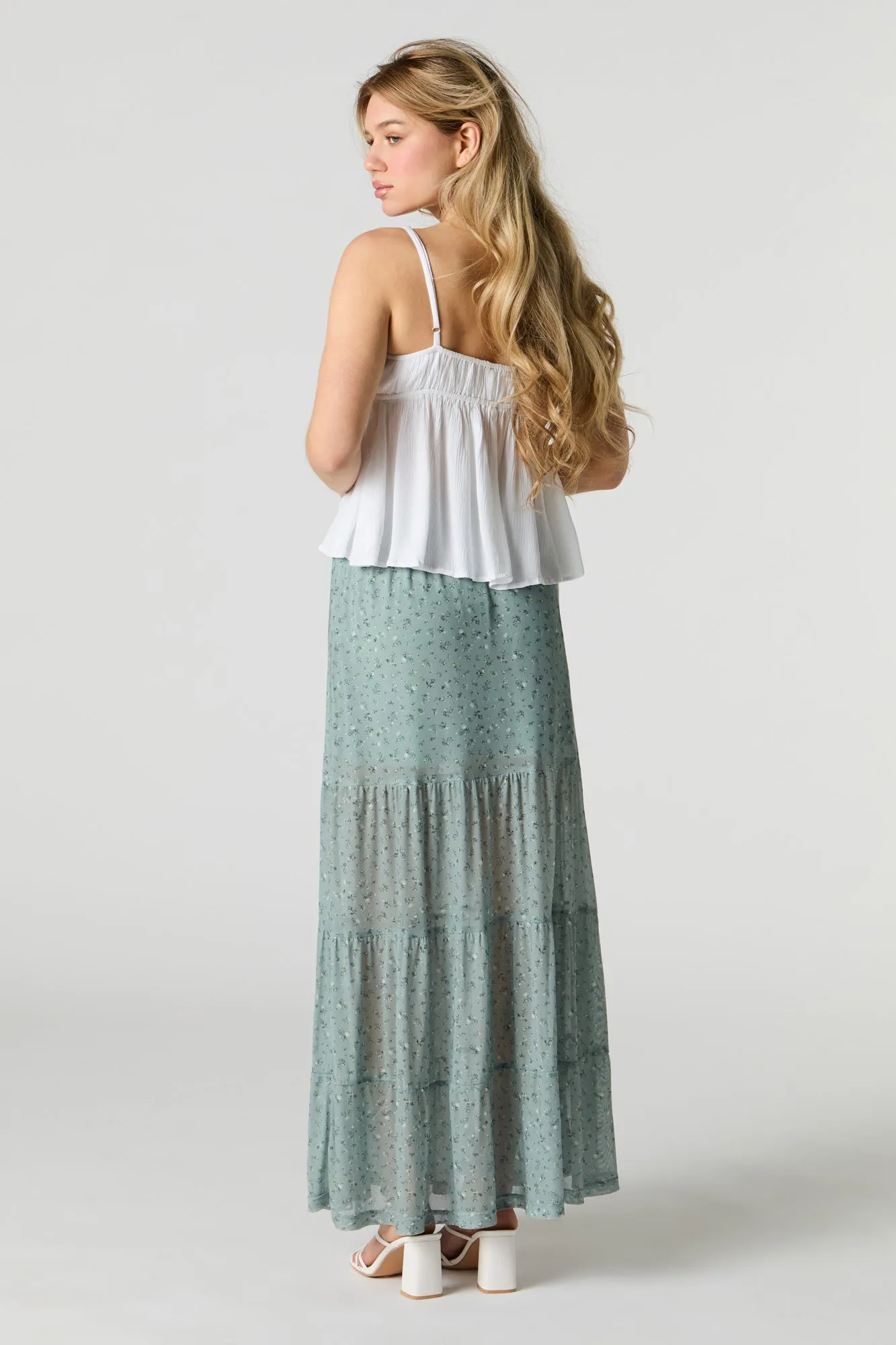 Floral Mesh Tiered Maxi Skirt