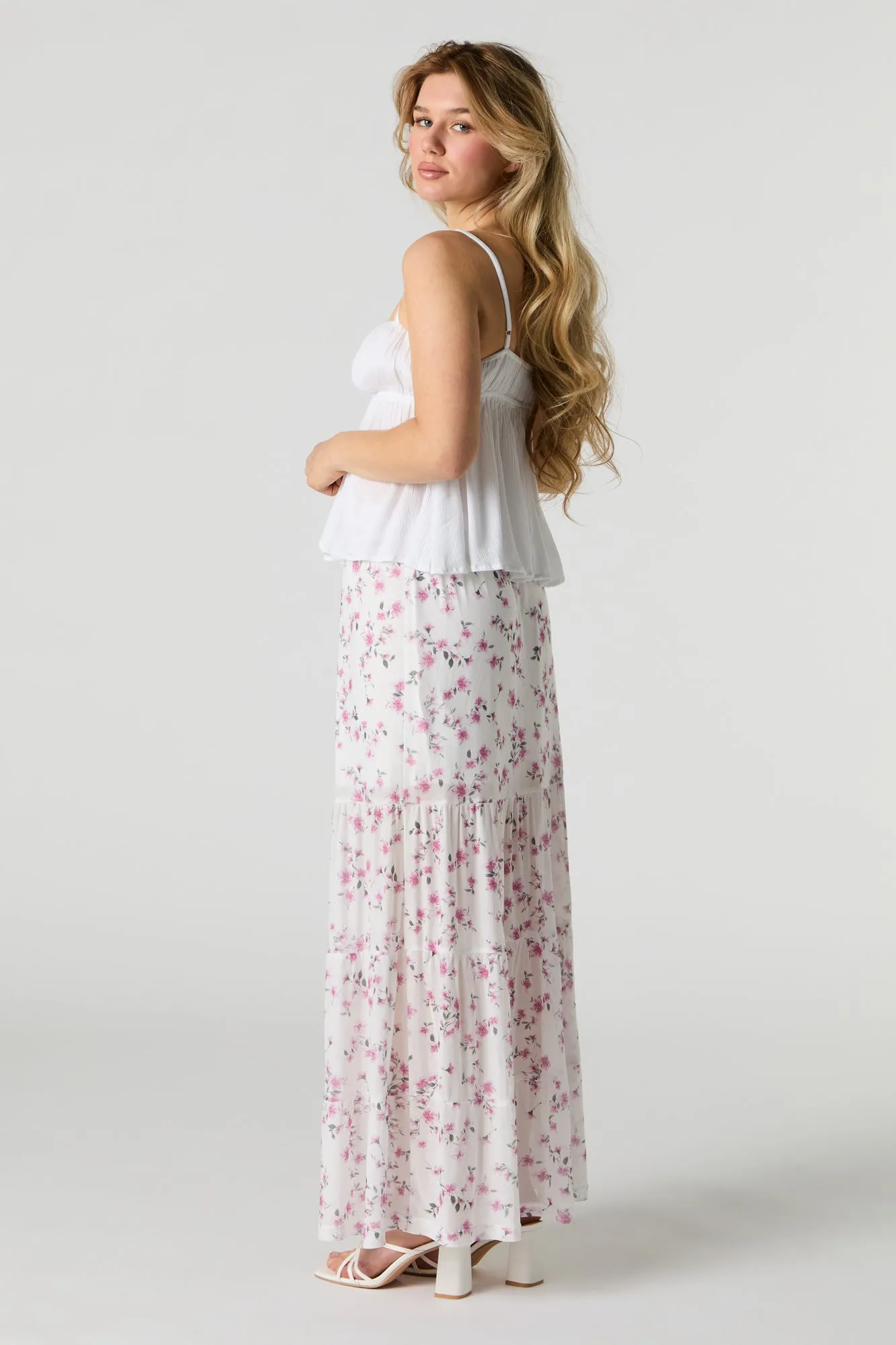 Floral Mesh Tiered Maxi Skirt