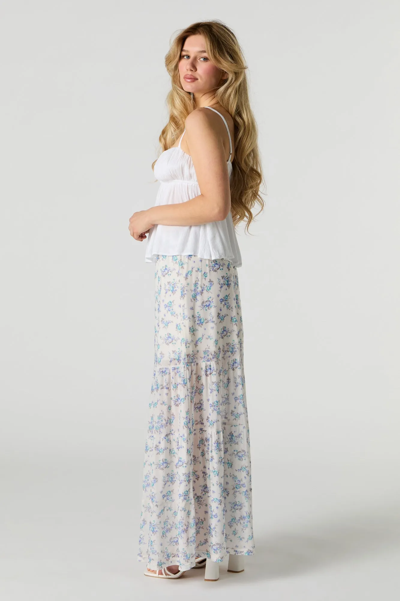 Floral Mesh Tiered Maxi Skirt