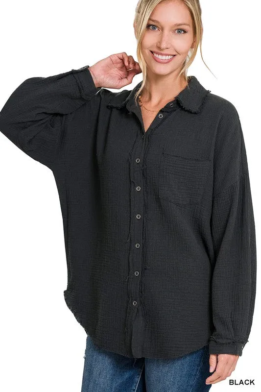 Gauze Button Up Long Sleeve Top - Final Sale*