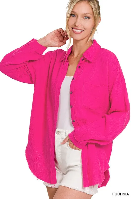 Gauze Button Up Long Sleeve Top - Final Sale*