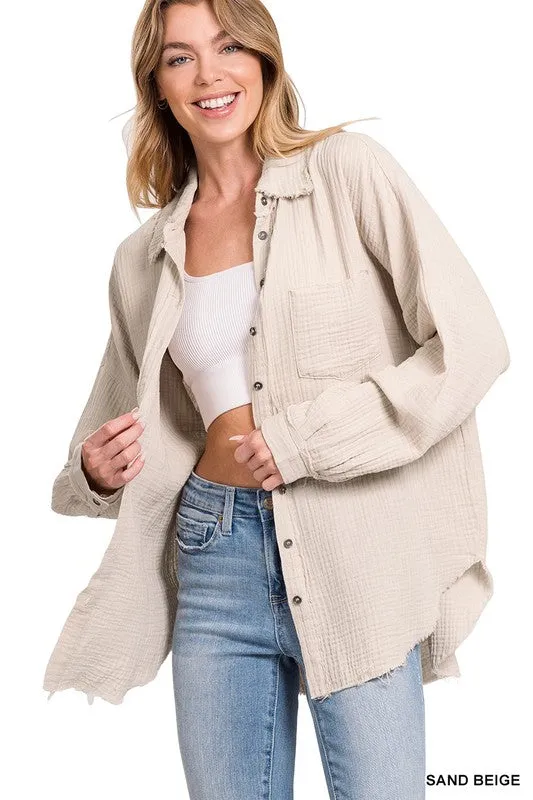 Gauze Button Up Long Sleeve Top - Final Sale*