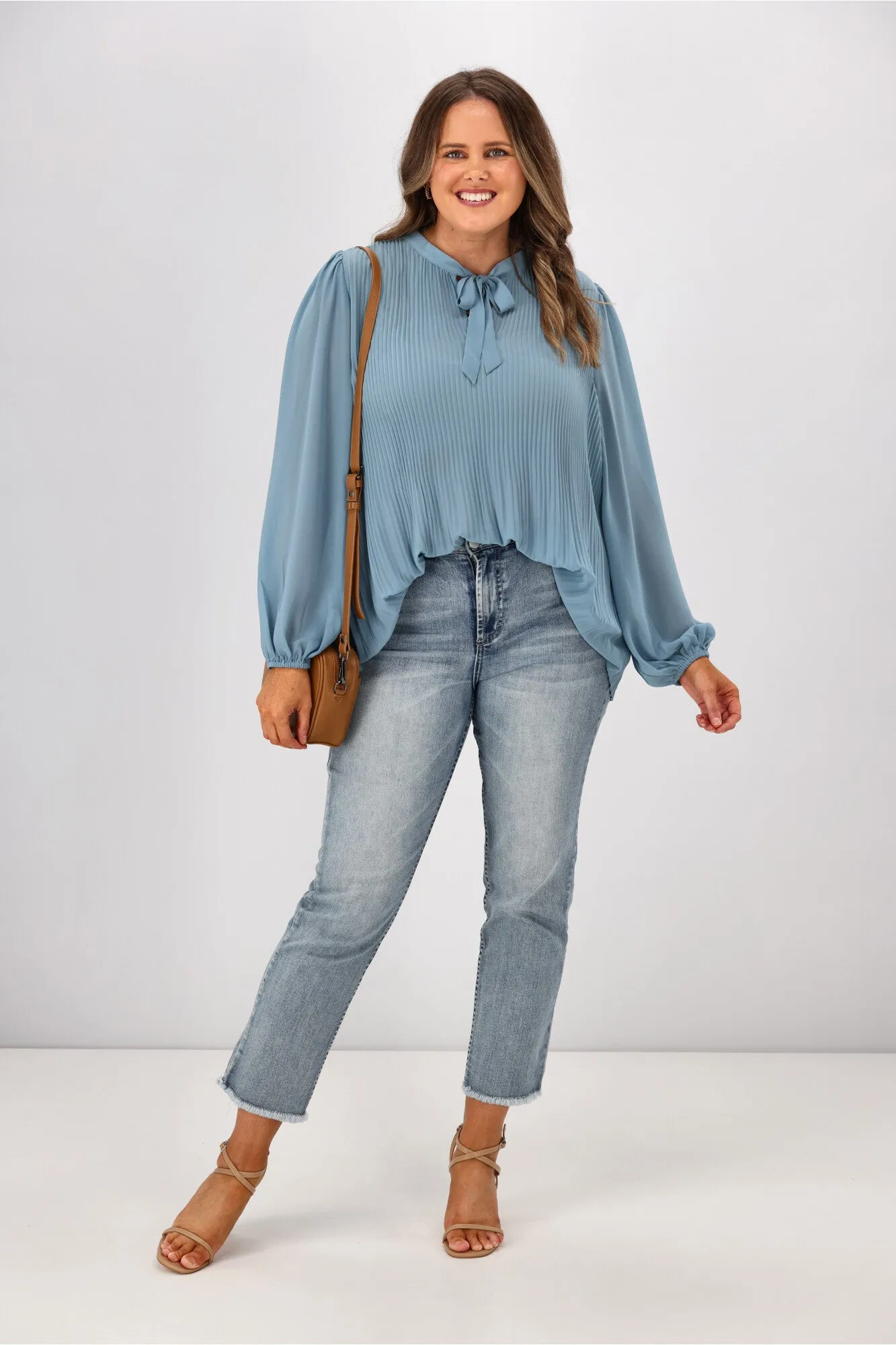 Gloss by Shine On Naomi Sunray Pleat Top Dusty Blue