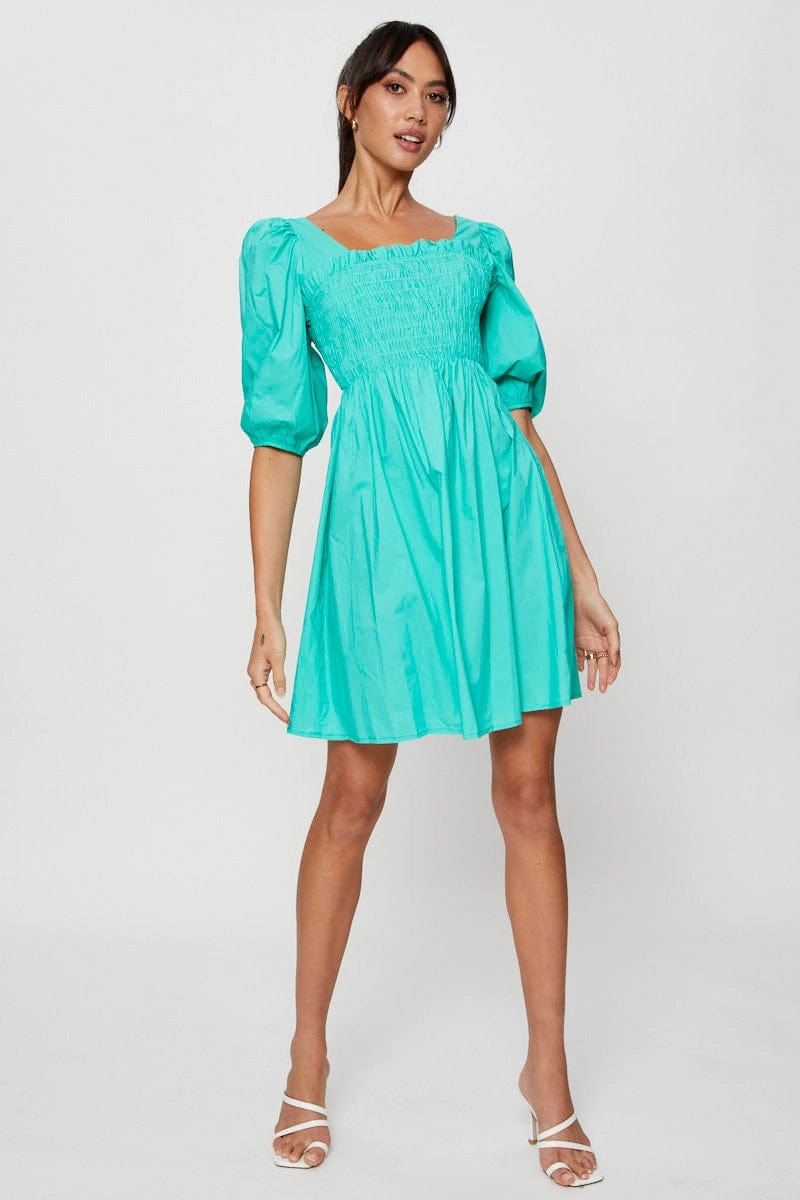 Green Mini Dress Short Sleeve Evening
