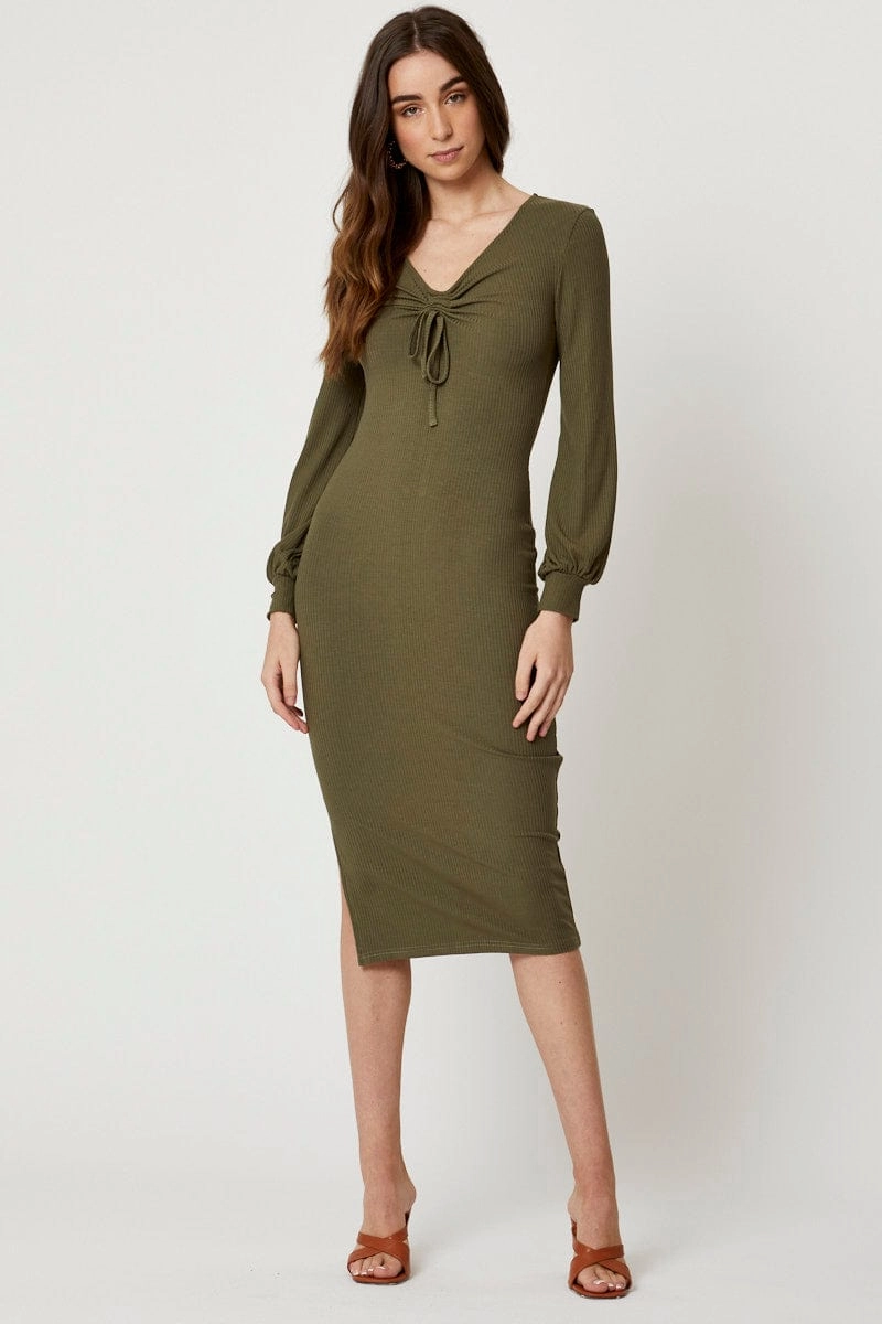 Green Ribbed Drawstring Midi Dress