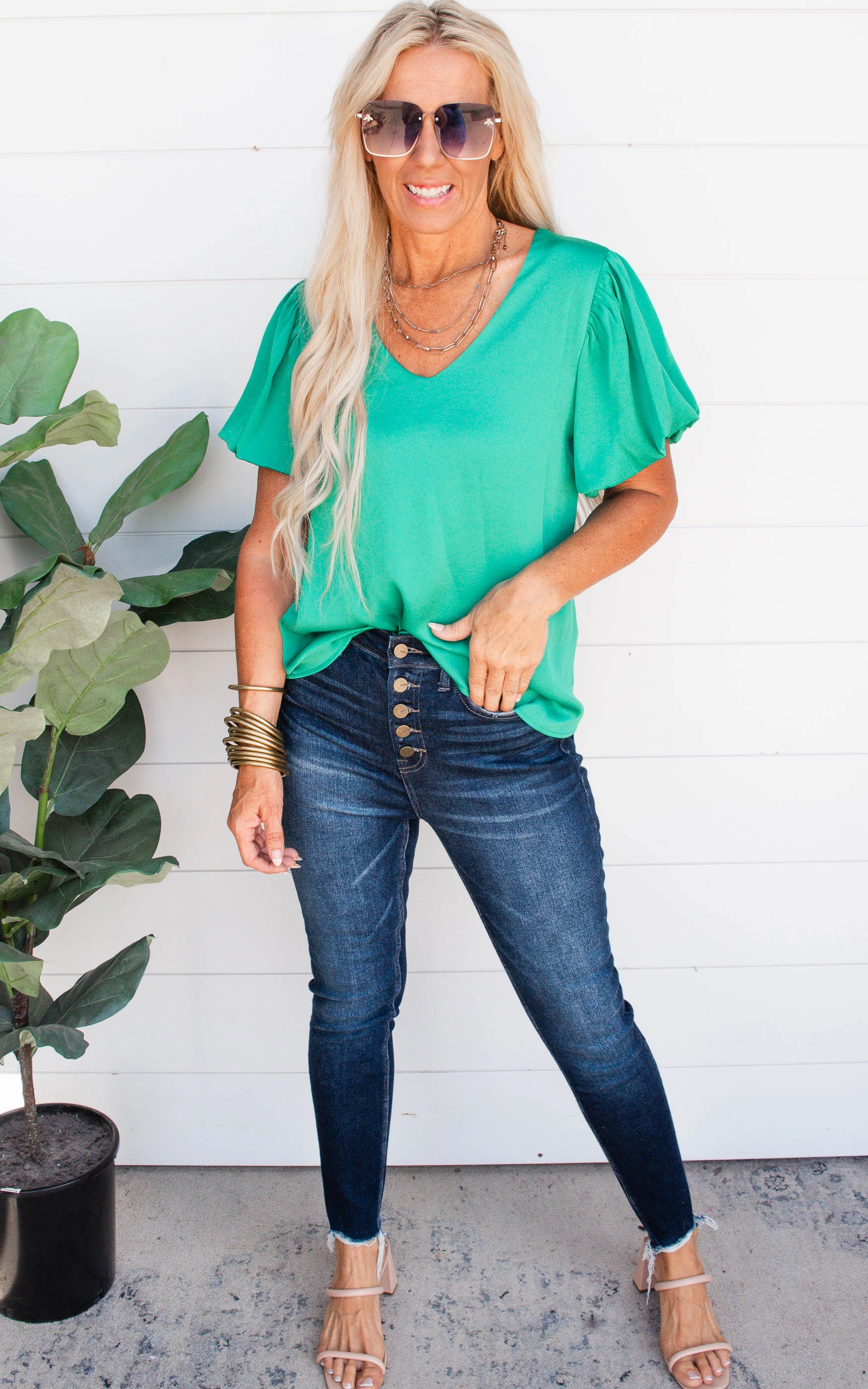 Green Silk Bubble Sleeve Top - Final Sale