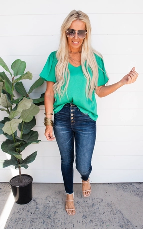 Green Silk Bubble Sleeve Top - Final Sale