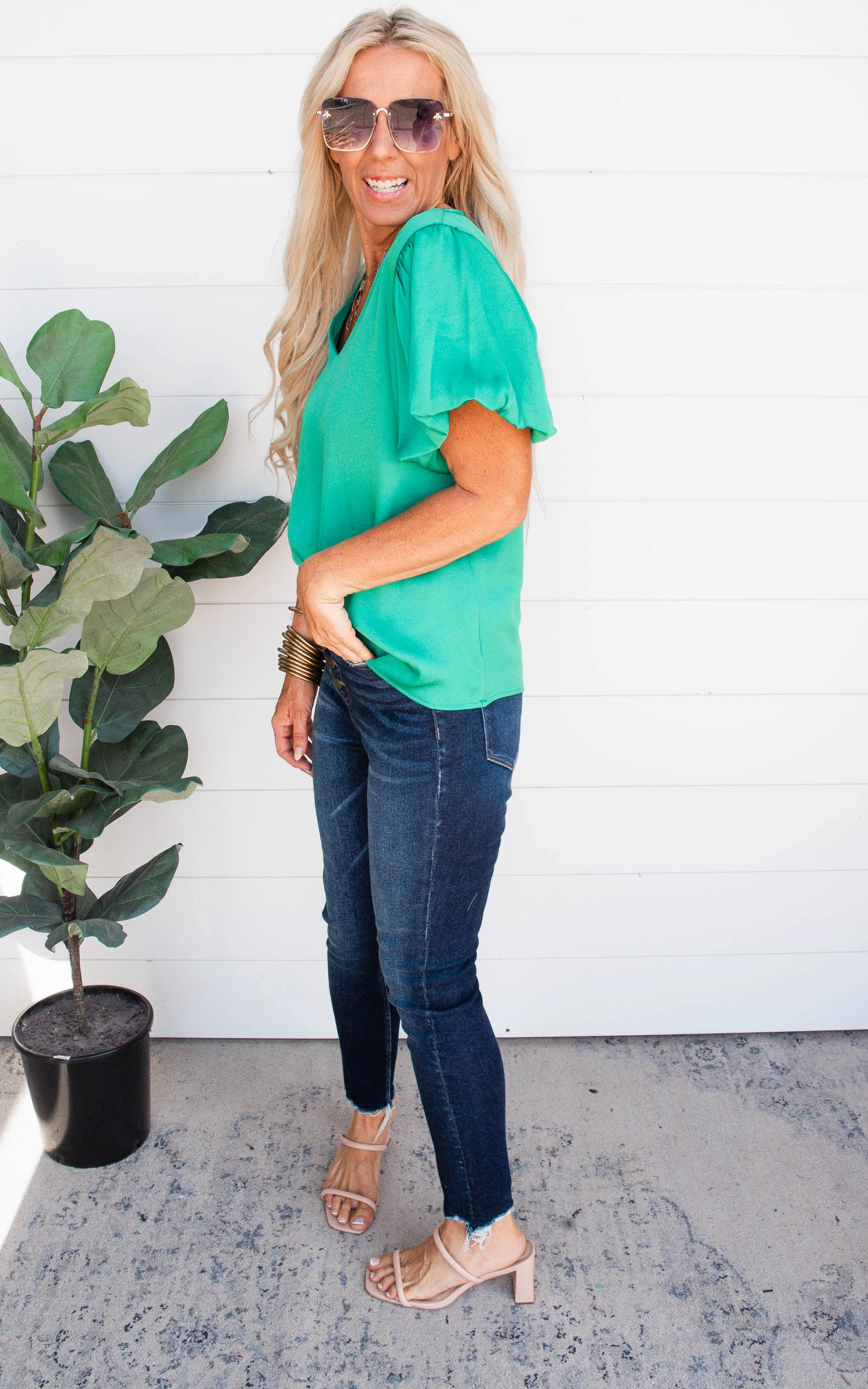 Green Silk Bubble Sleeve Top - Final Sale