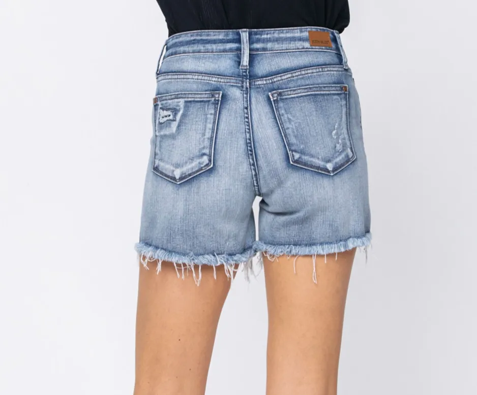 Judy Blue Mid Rise Patch   Wash Out Cutoff Denim Shorts -Final Sale