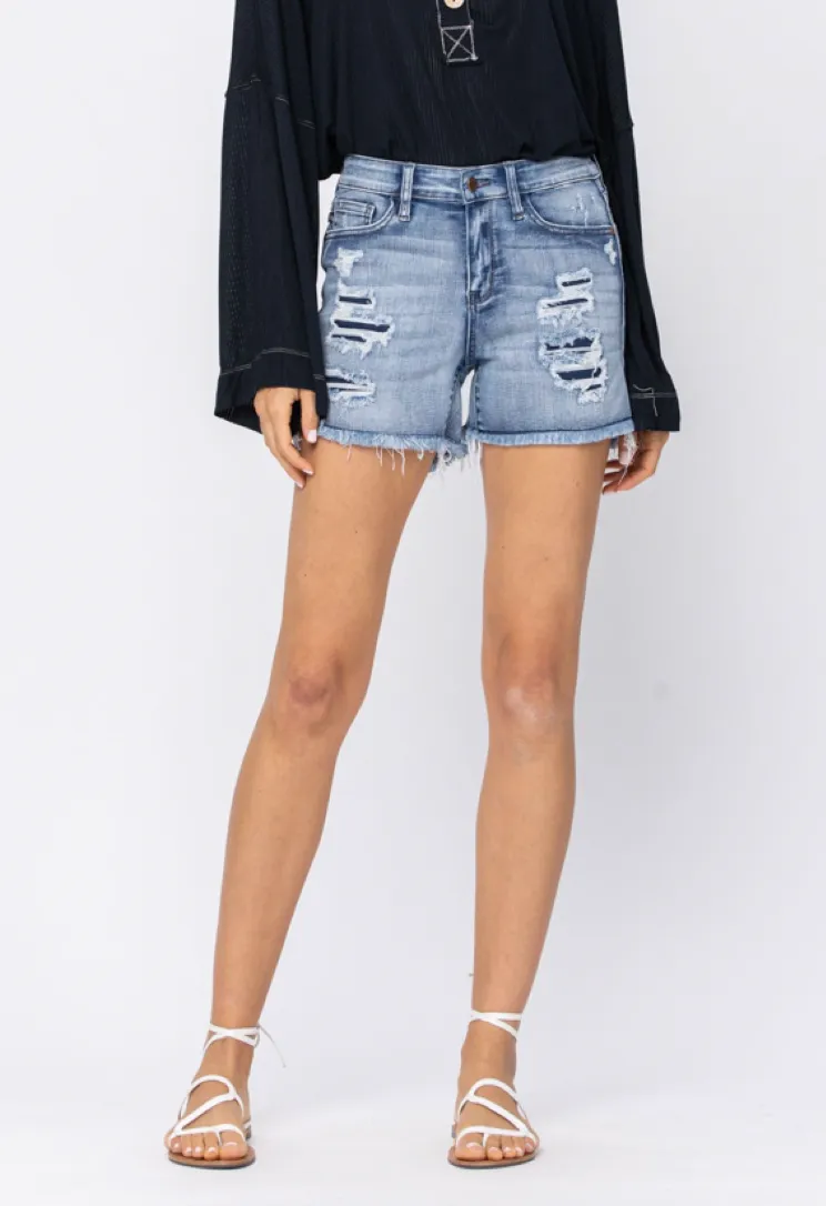 Judy Blue Mid Rise Patch   Wash Out Cutoff Denim Shorts -Final Sale