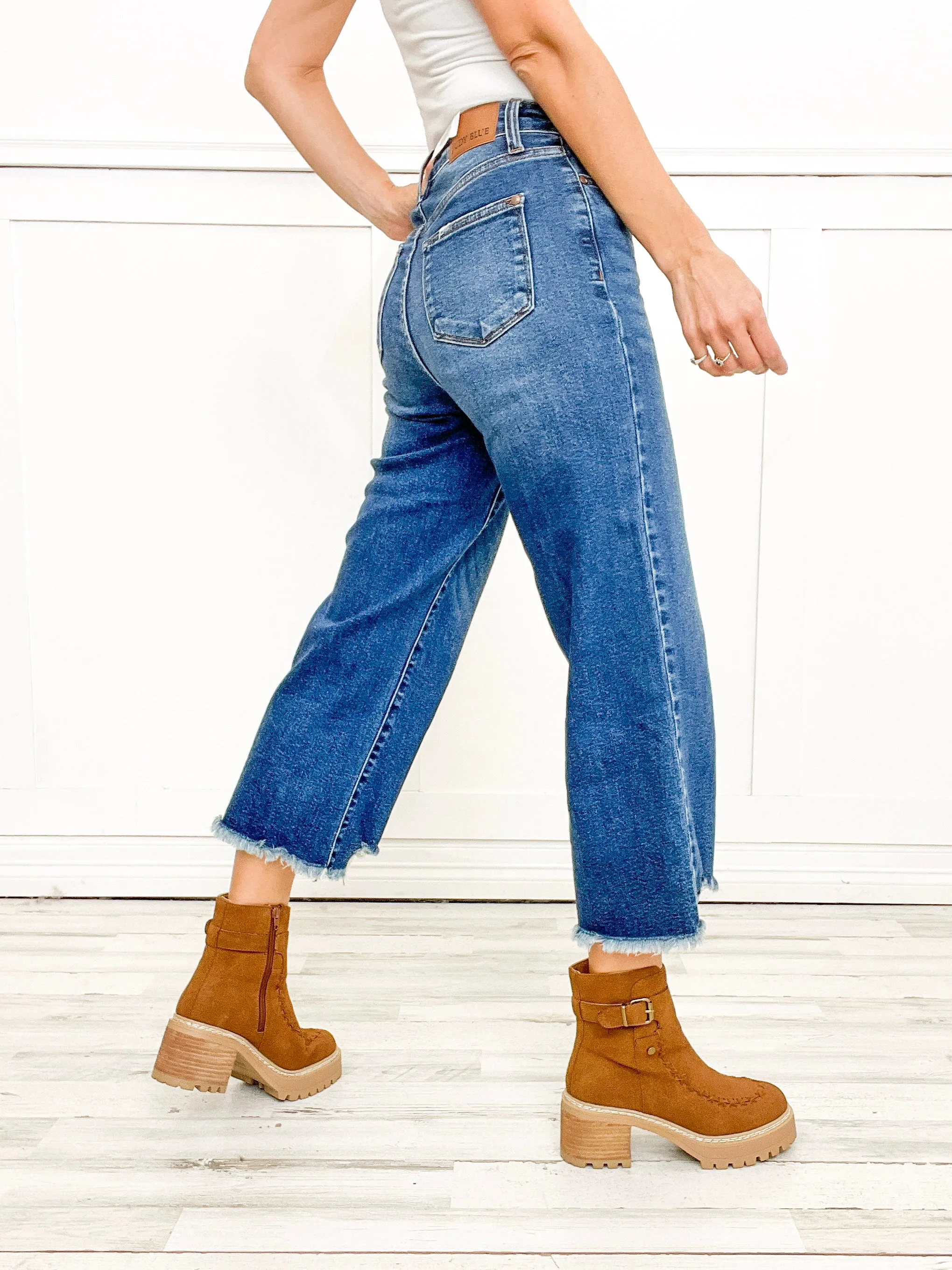 Judy Blue ROXANNE Hi-Rise Button Fly Distressed Hem Cropped Wide Leg Jeans