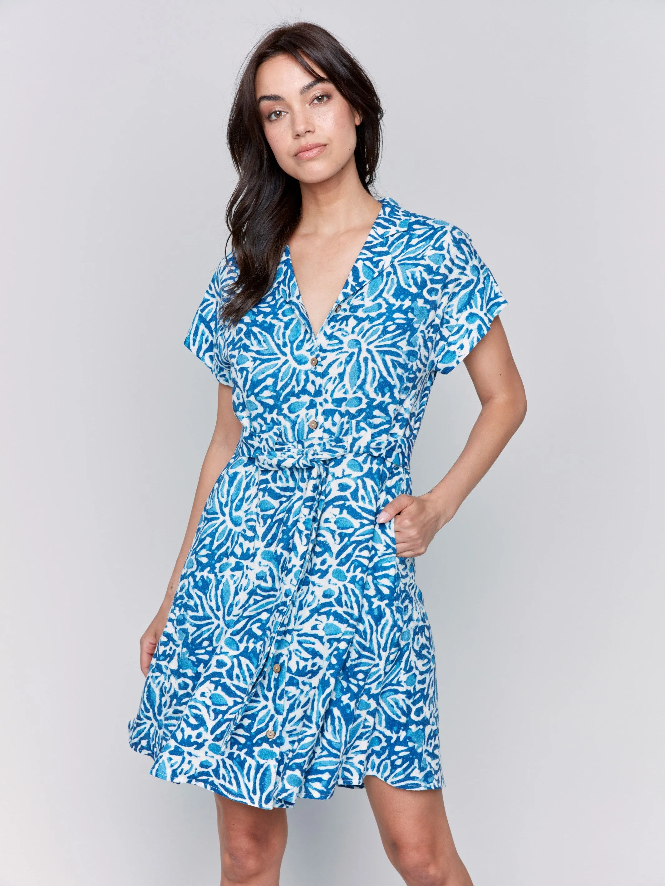 Linen Blend Short Sleeve Button-Front Dress - Reef