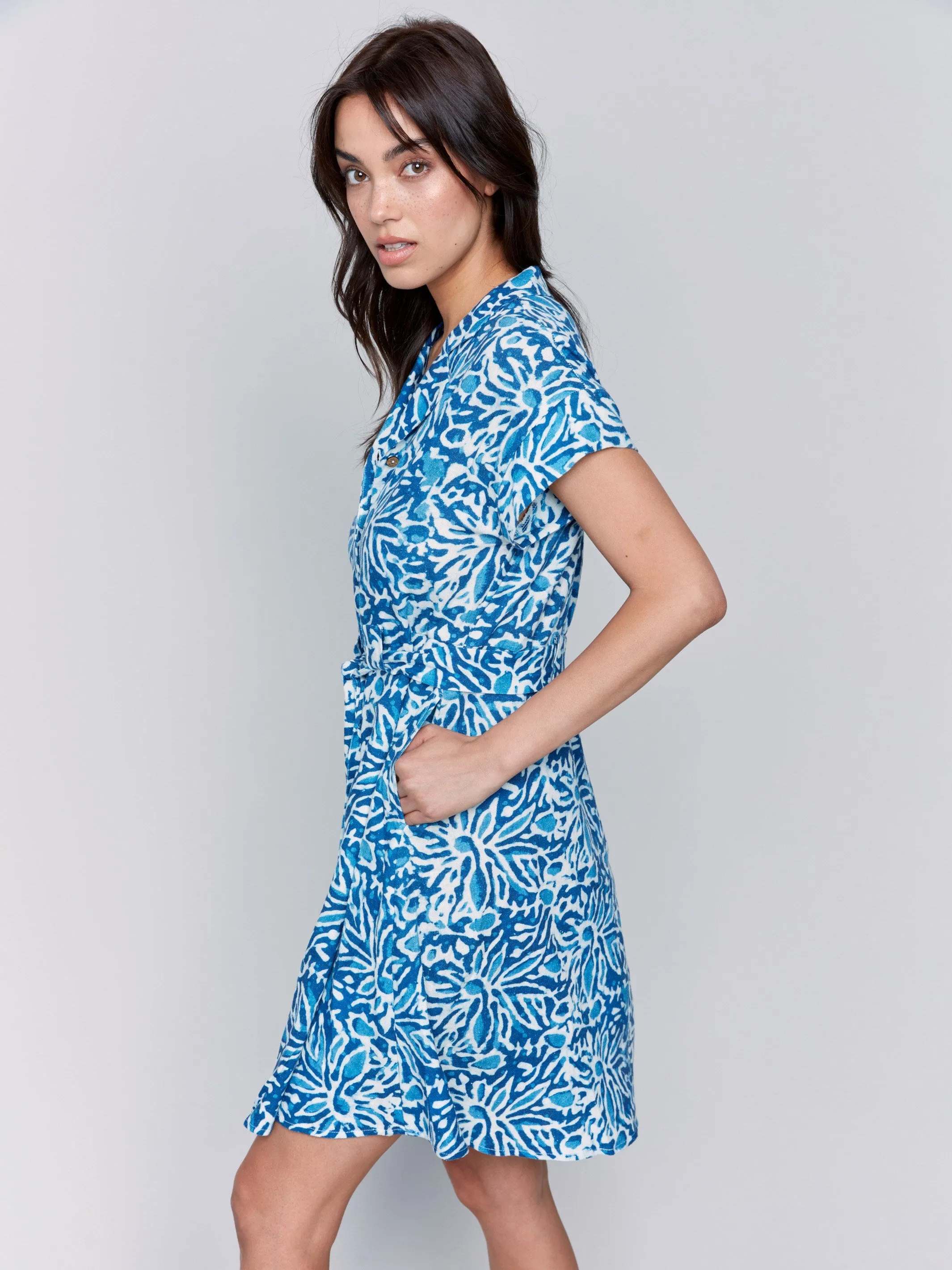 Linen Blend Short Sleeve Button-Front Dress - Reef