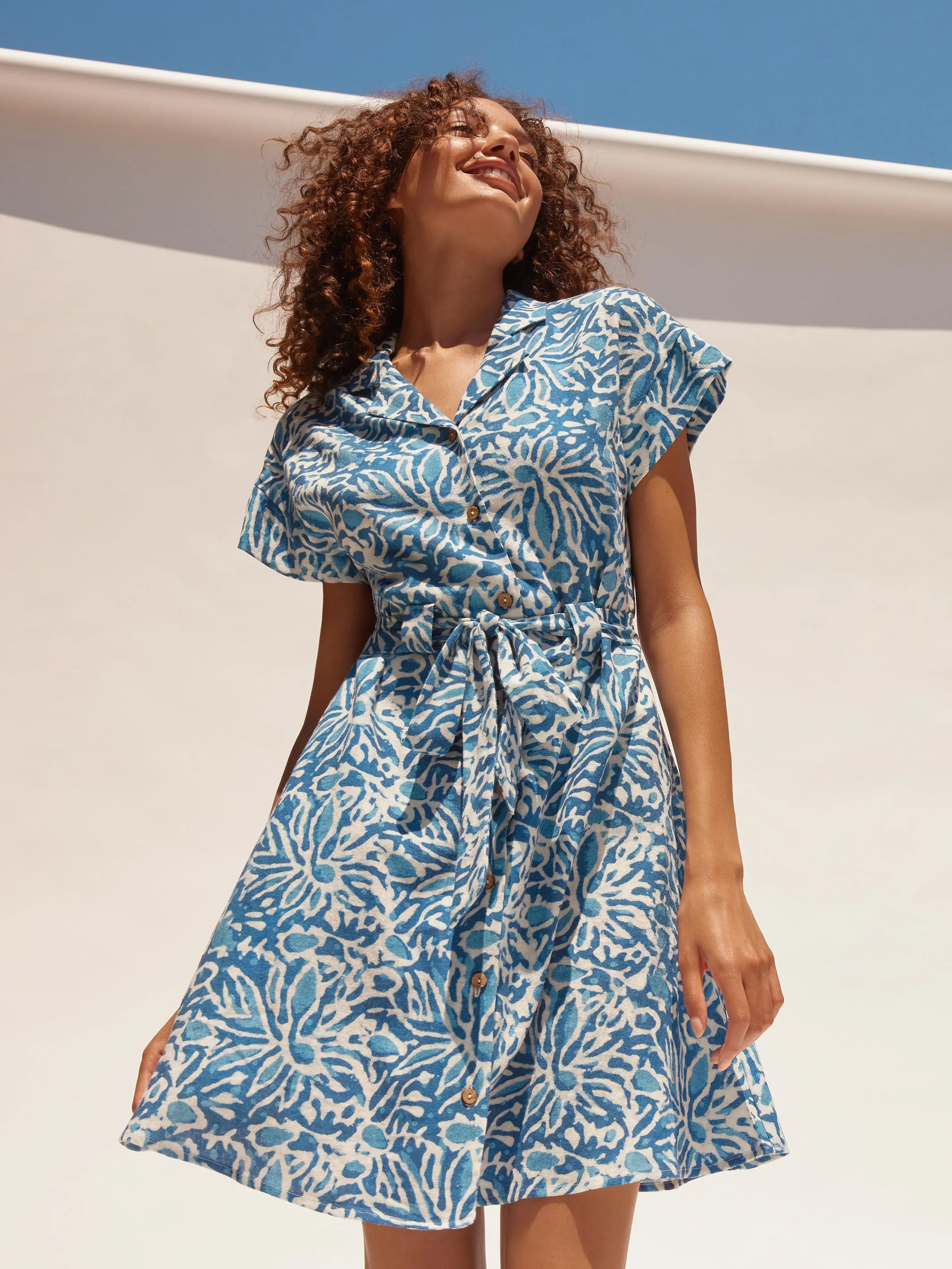 Linen Blend Short Sleeve Button-Front Dress - Reef
