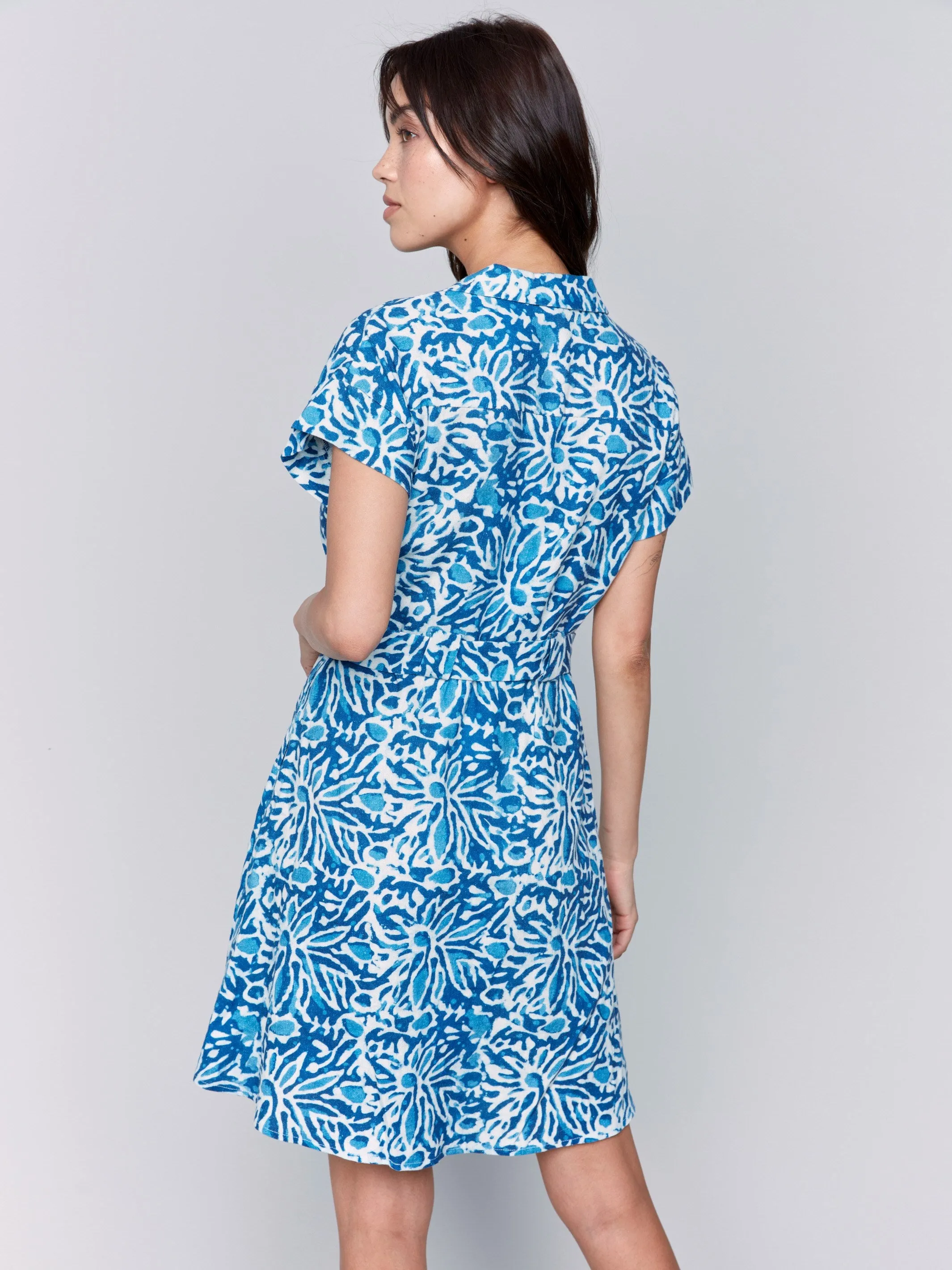 Linen Blend Short Sleeve Button-Front Dress - Reef