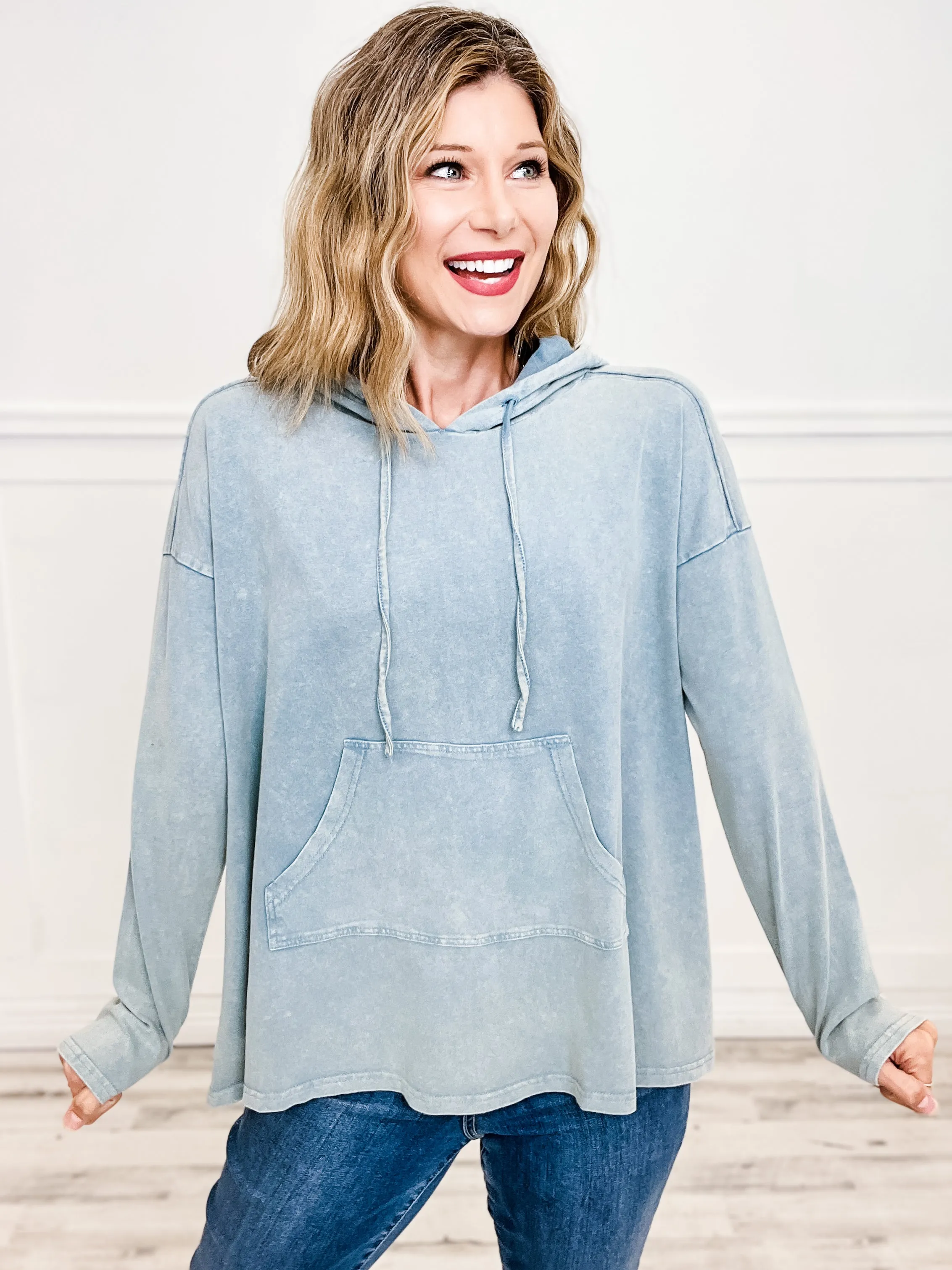 Mineral Washed Hooded Tunic Pullover Top