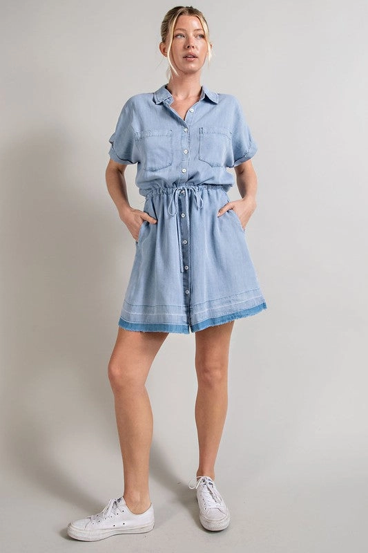 MINERAL WASHED TIE FRONT MINI DRESS - Final Sale