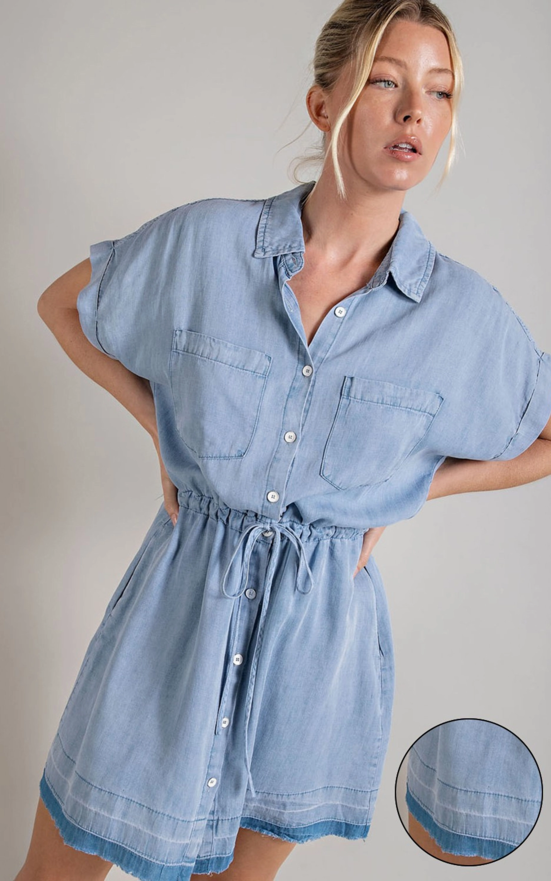 MINERAL WASHED TIE FRONT MINI DRESS - Final Sale