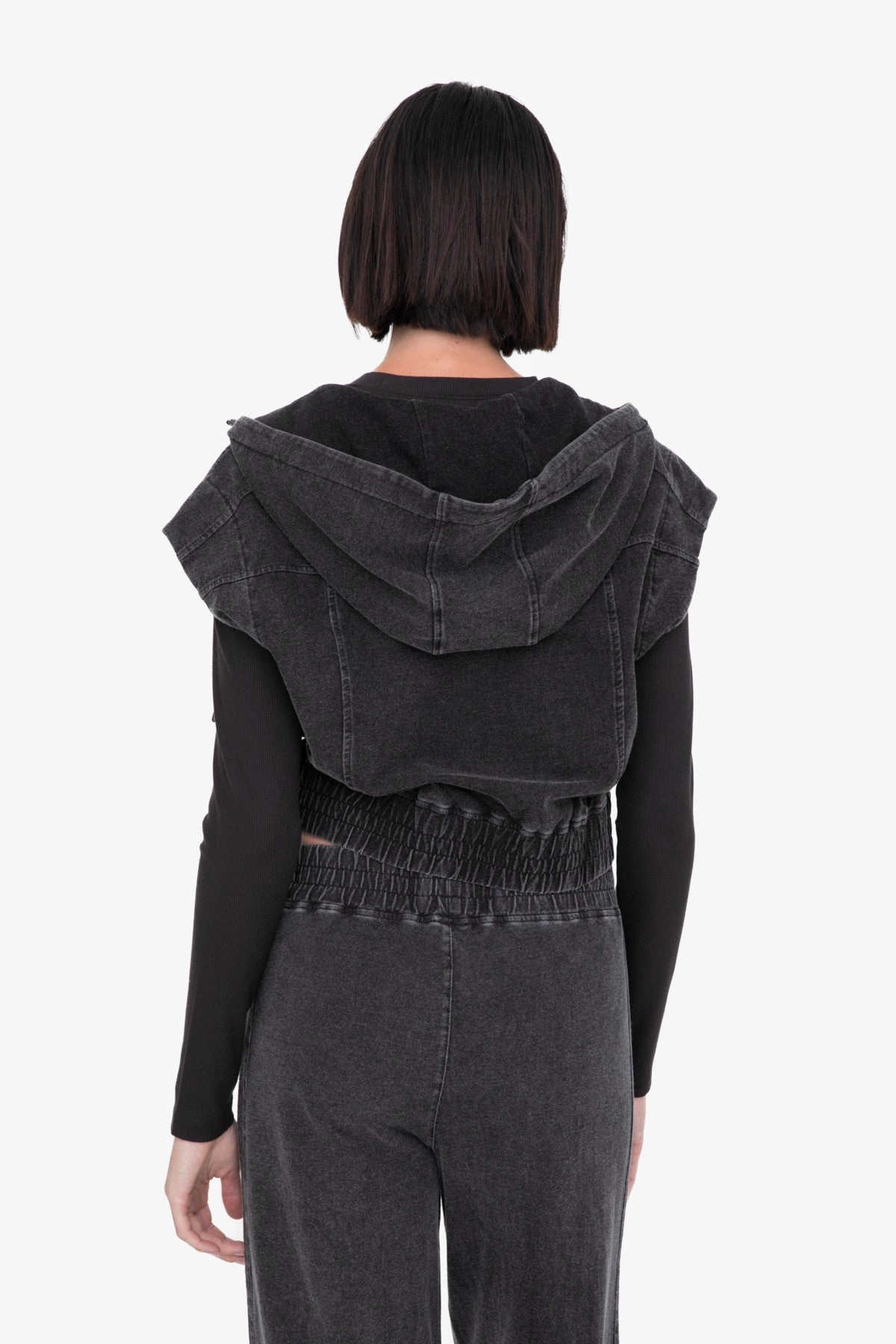 MONO B Black Mineral Washed Sleeveless French Terry Hoodie - Final Sale