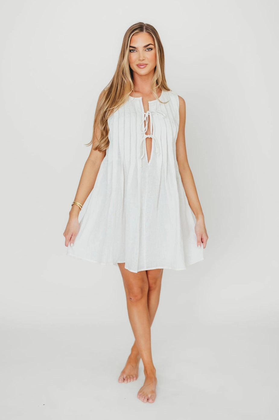Nessa Tie Mini Dress Woven in Off White 100% Linen