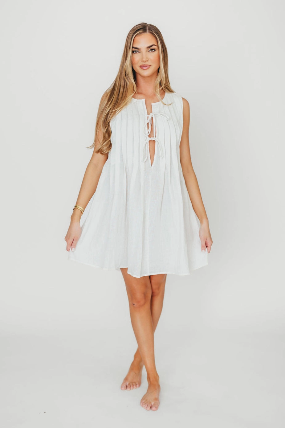 Nessa Tie Mini Dress Woven in Off White 100% Linen