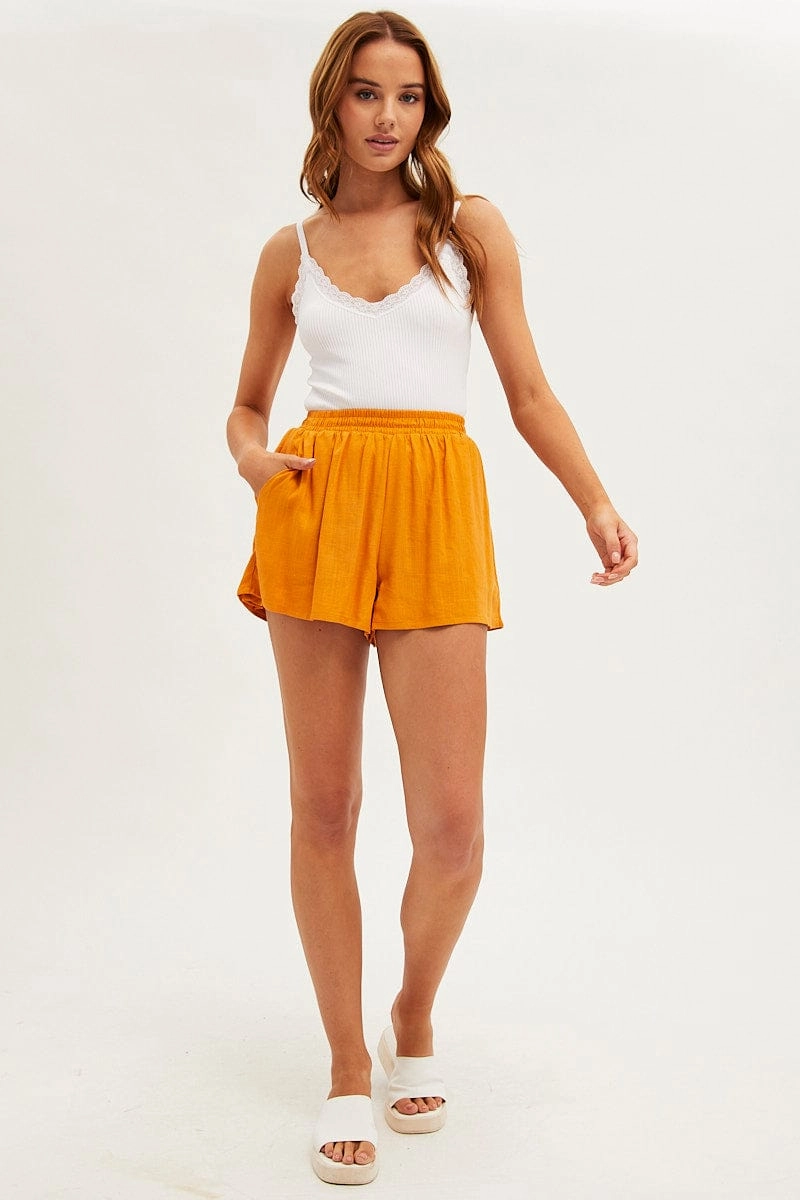 Orange Mini Shorts High Rise Linen Blend