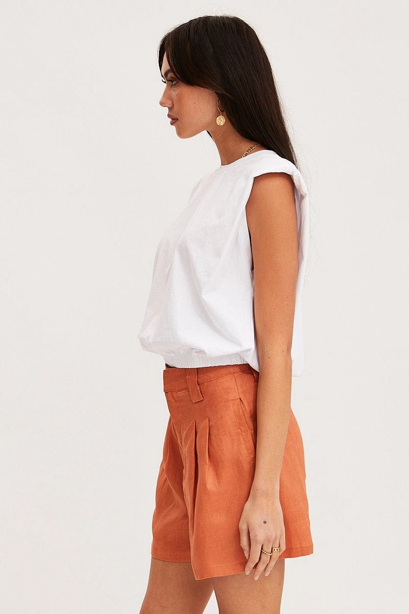Orange Mini Shorts Pleats Linen