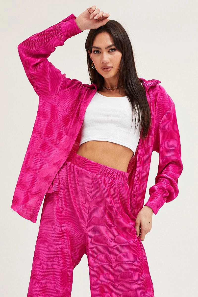 Pink Long Sleeve Plisse Shirt