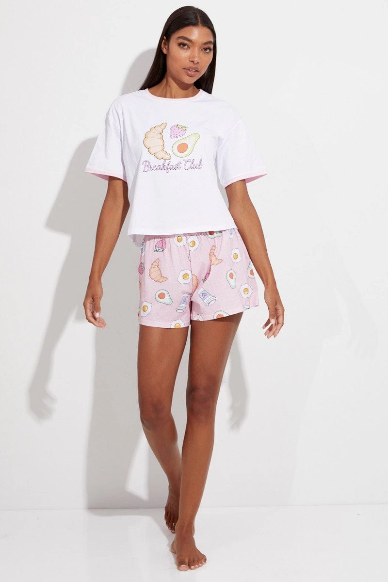 Pink Print Breakfast Pj Graphic Jersey Pyjama 2 Piece Set
