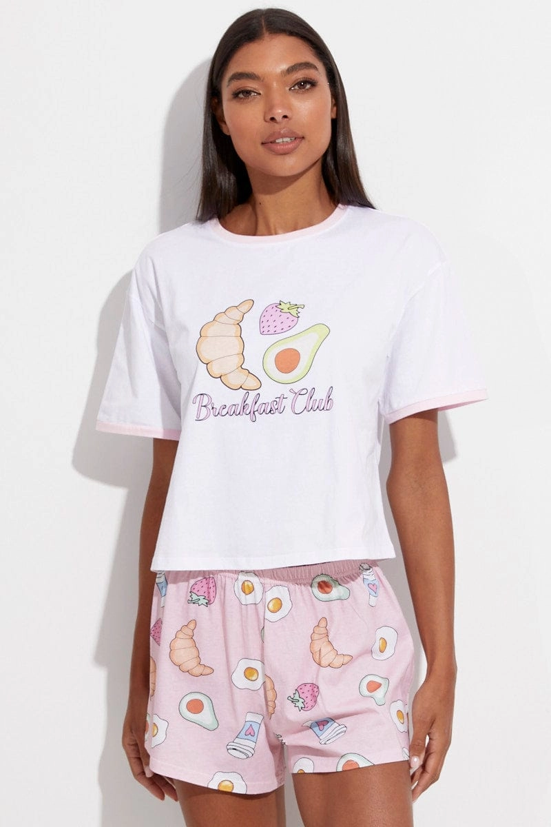 Pink Print Breakfast Pj Graphic Jersey Pyjama 2 Piece Set