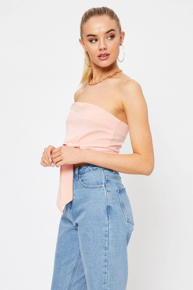 Pink Tie Front Bandeau Top