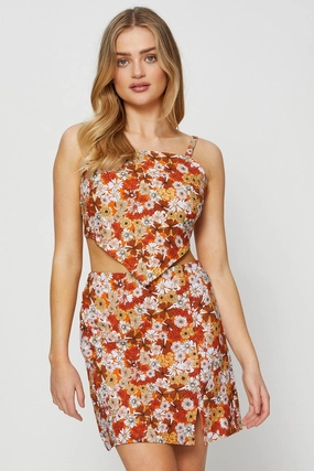 Print Linen Blend Floral Print Front Split Mini Skirt