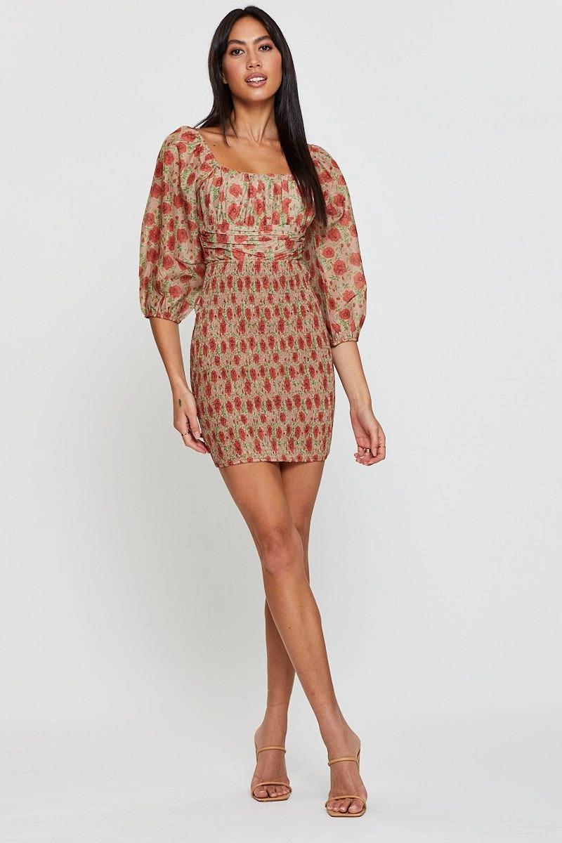 Print Mini Dress Long Sleeve Bodycon