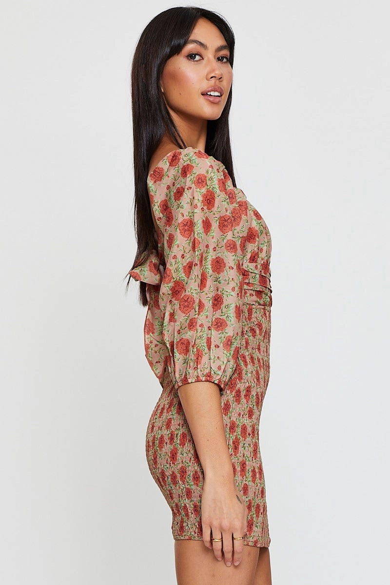 Print Mini Dress Long Sleeve Bodycon