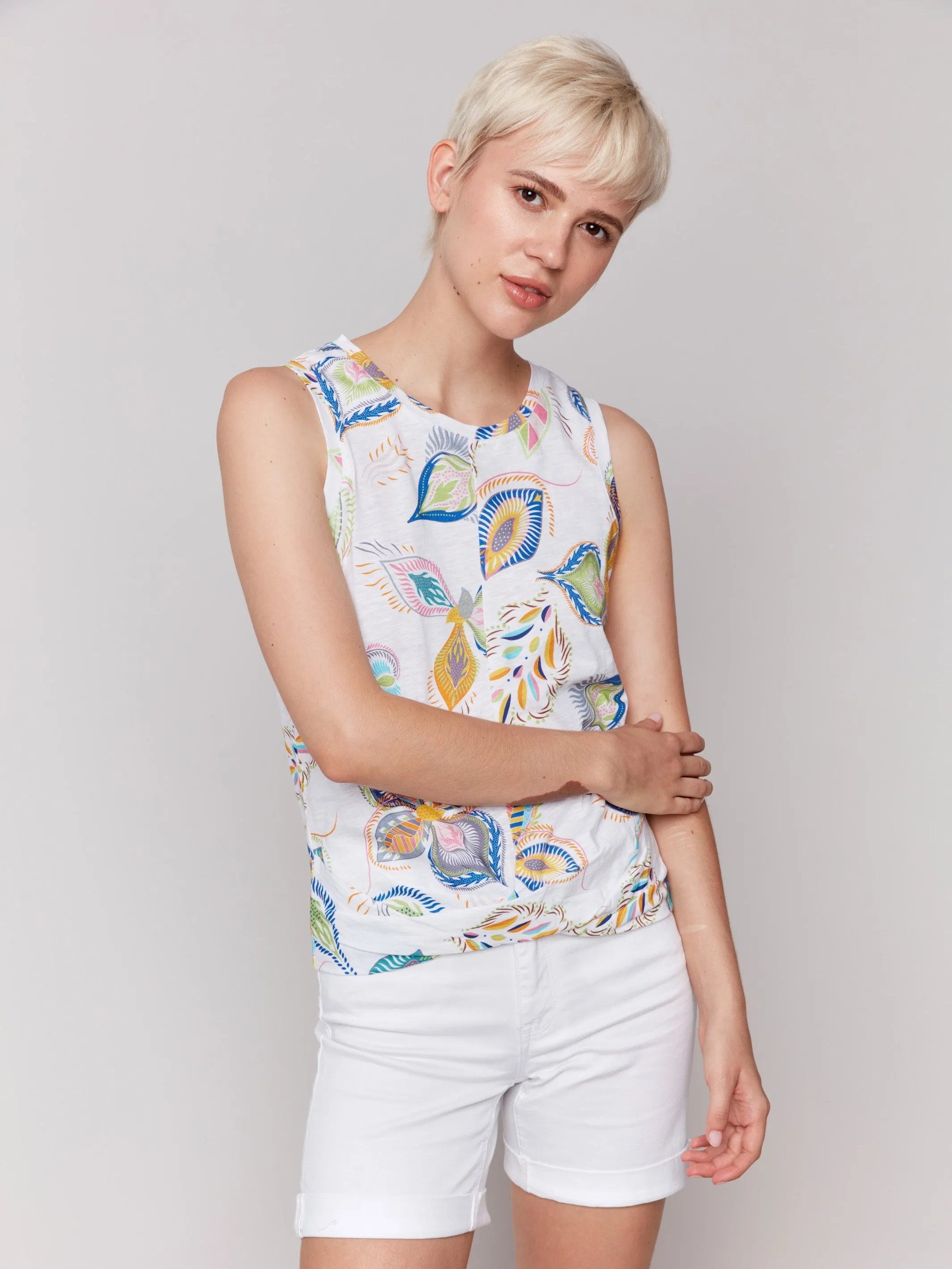 Printed Cotton Slub Tank Top with Knot Detail - Feathers