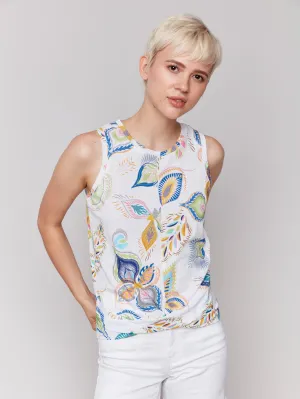 Printed Cotton Slub Tank Top with Knot Detail - Feathers