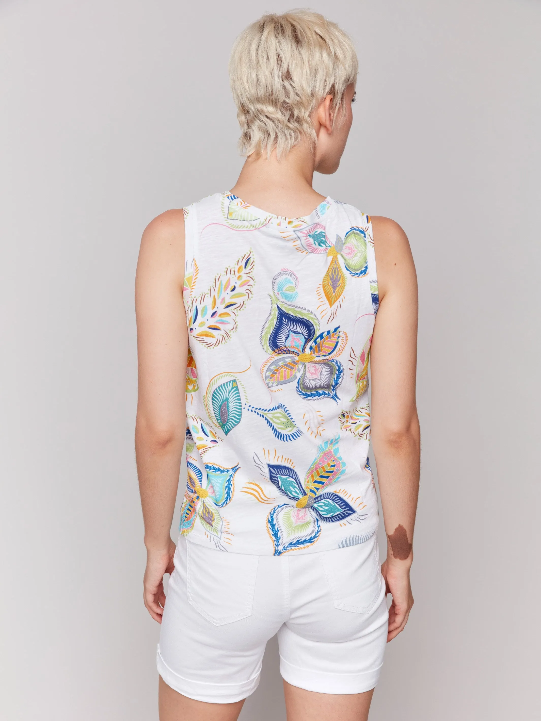 Printed Cotton Slub Tank Top with Knot Detail - Feathers