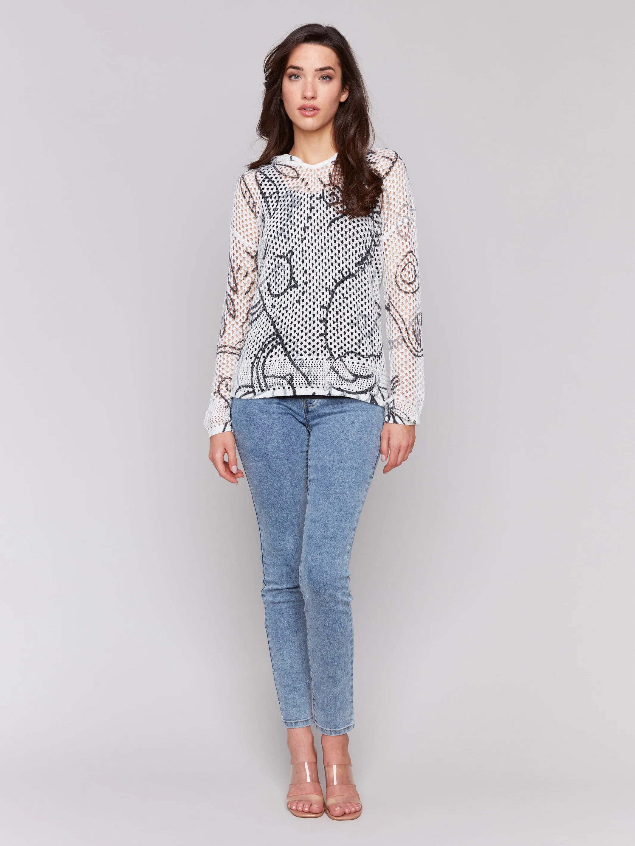 Printed Fishnet Crochet Hoodie Sweater - Pepper