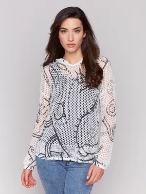 Printed Fishnet Crochet Hoodie Sweater - Pepper