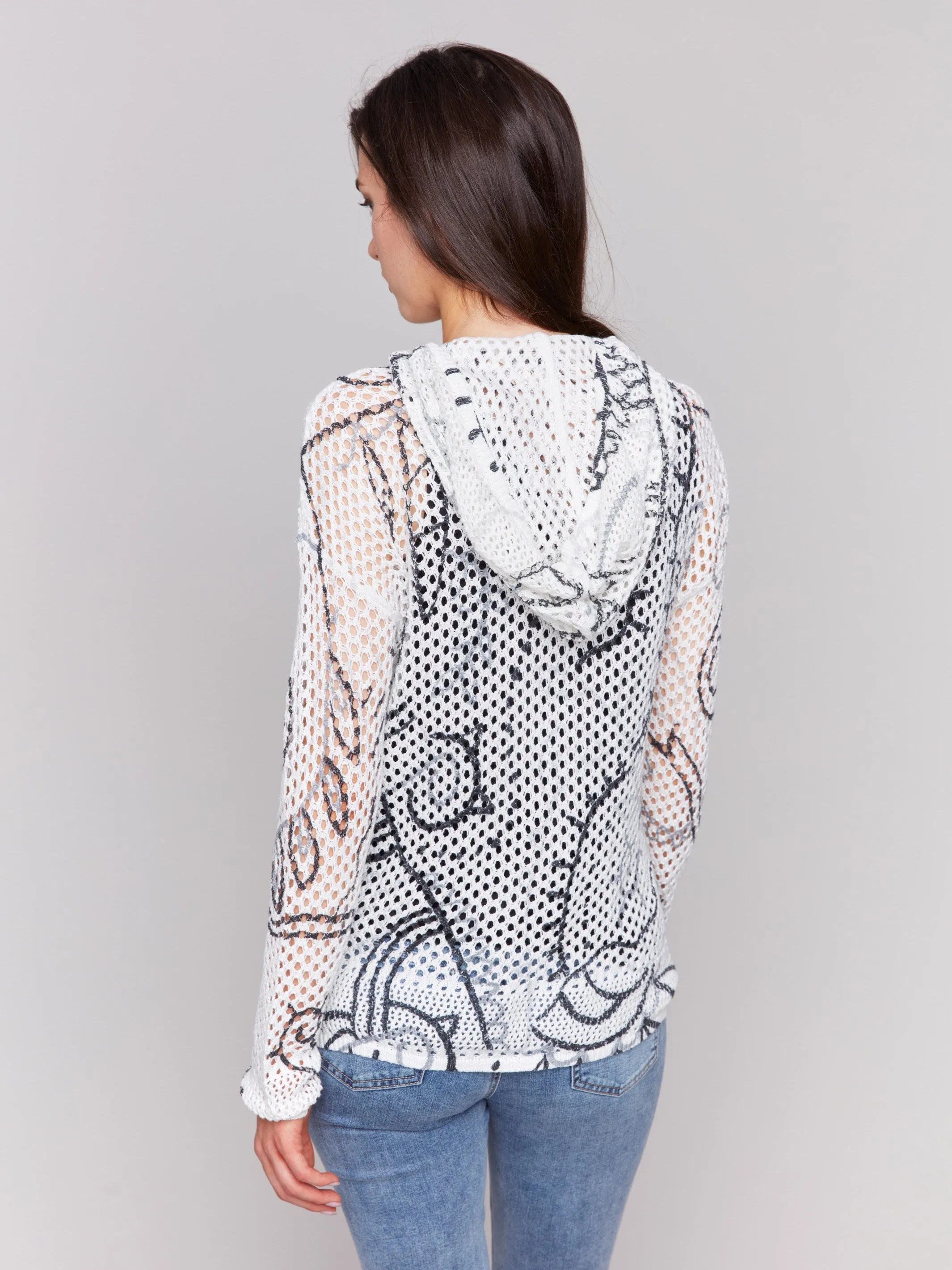 Printed Fishnet Crochet Hoodie Sweater - Pepper