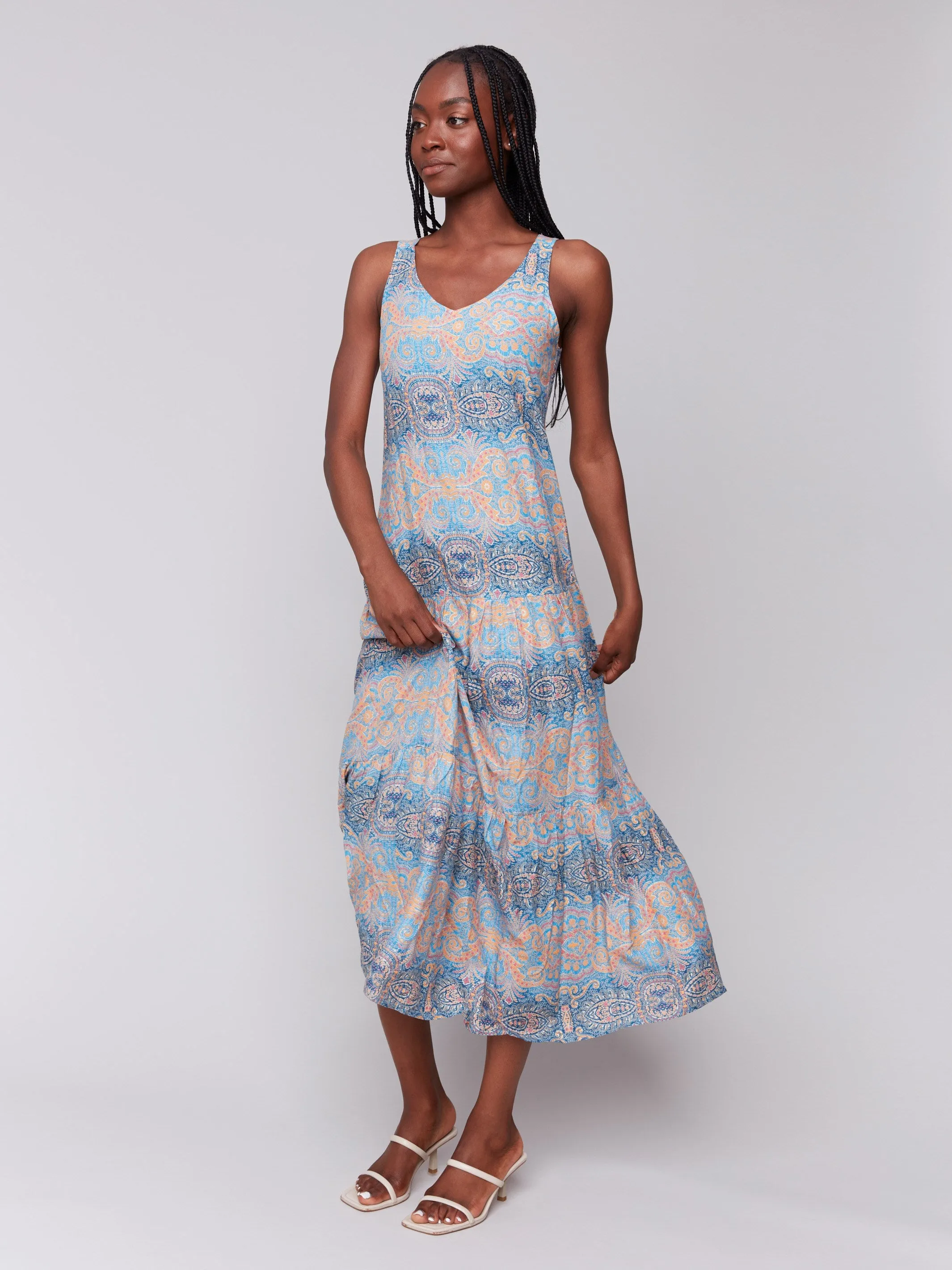 Printed Rayon Tiered Maxi Dress - Papaya